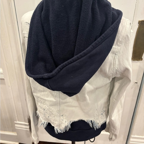 Free People Double Weave Distressed Denim Jacket Fleece Layer With Hood Sz S - Picture 8 of 15